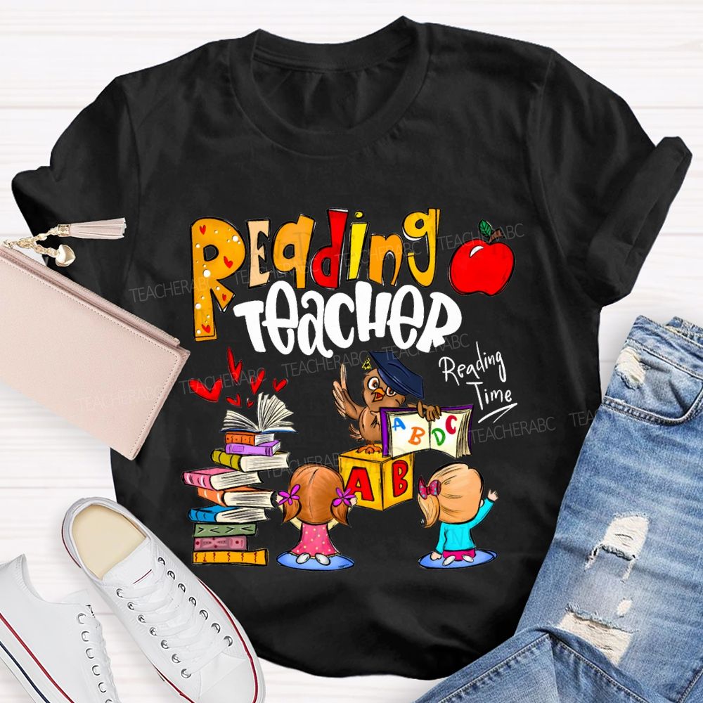 Reading Teacher Reading Time Colorful Book Prints And Apples T-shirt