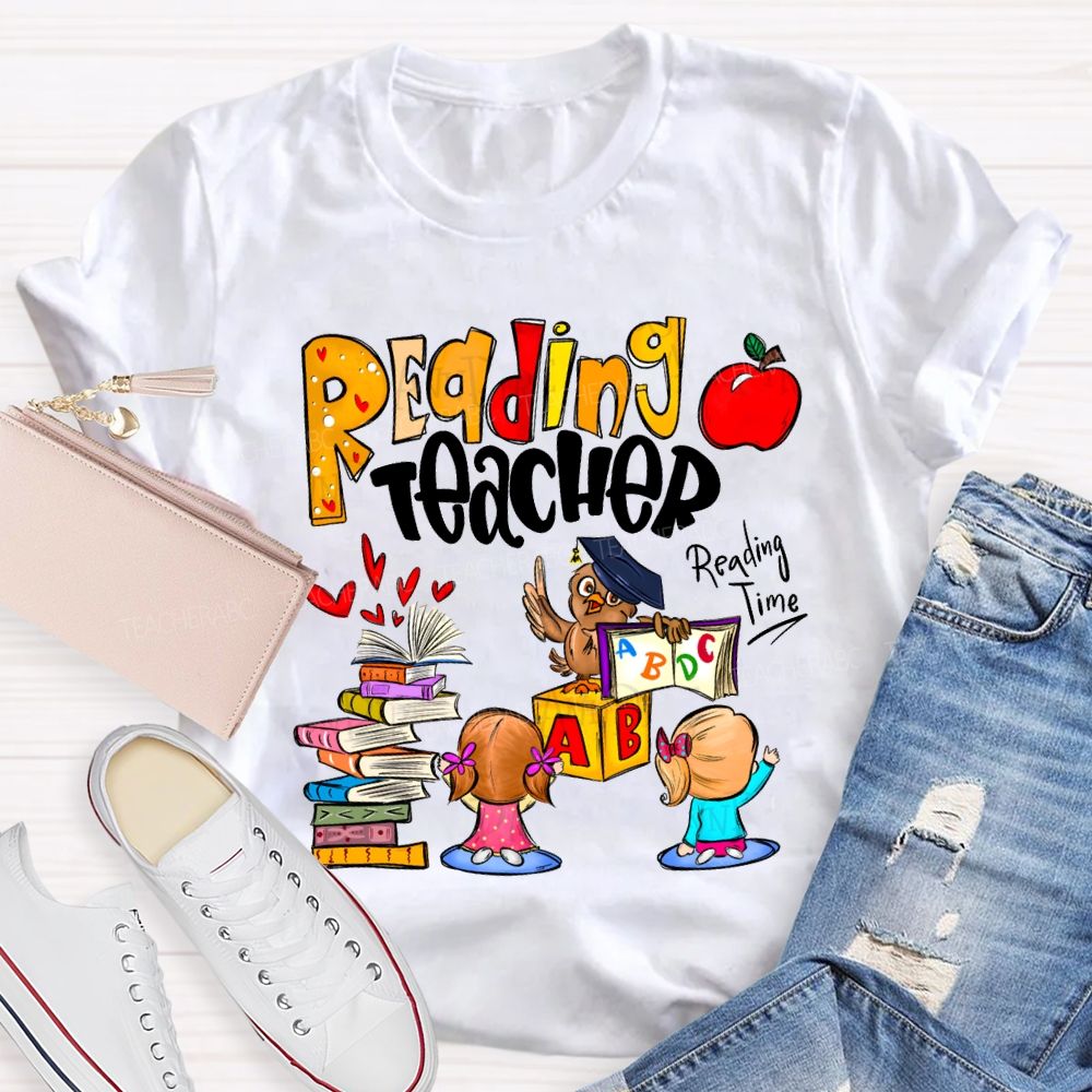 Reading Teacher Reading Time Colorful Book Prints And Apples T-shirt