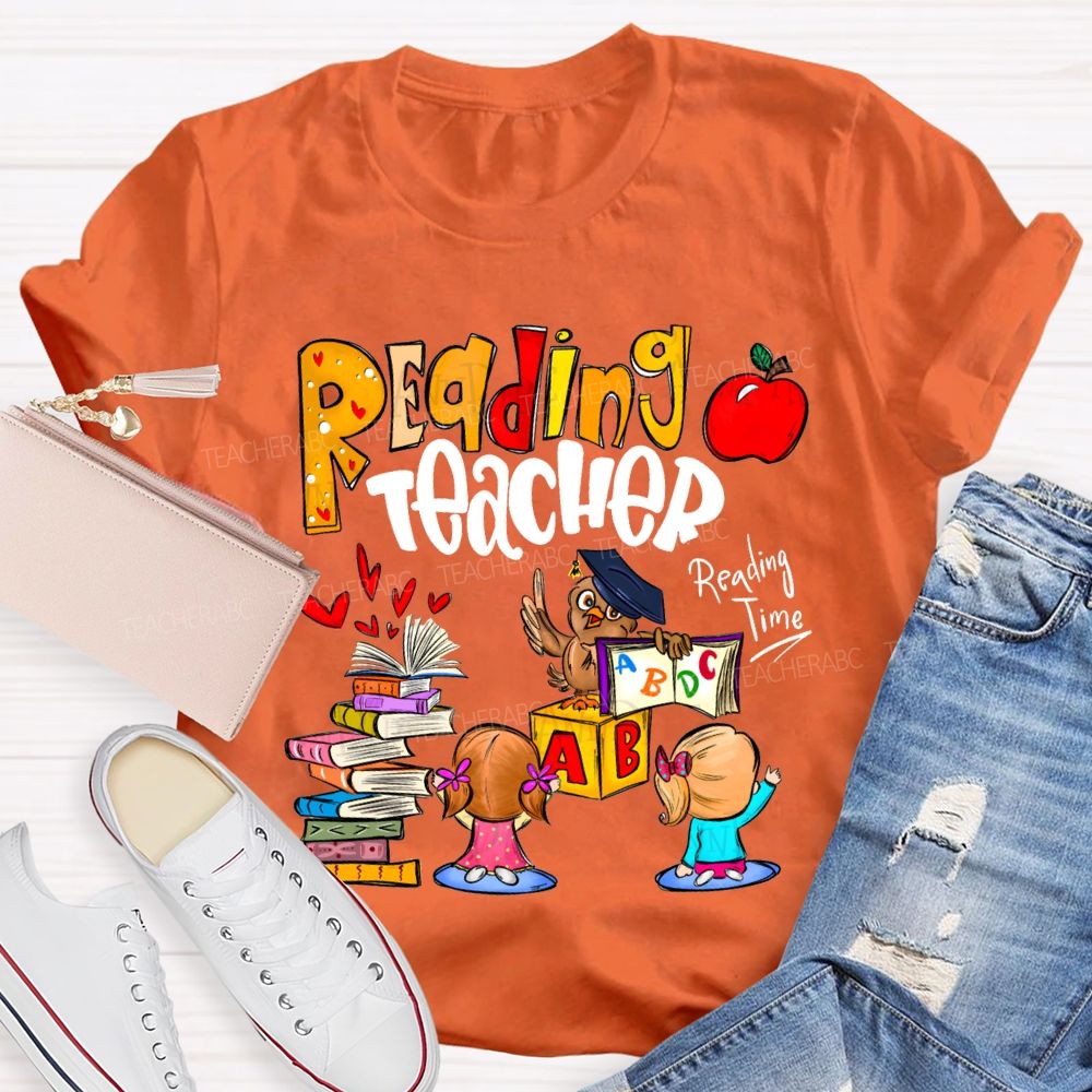 Reading Teacher Reading Time Colorful Book Prints And Apples T-shirt