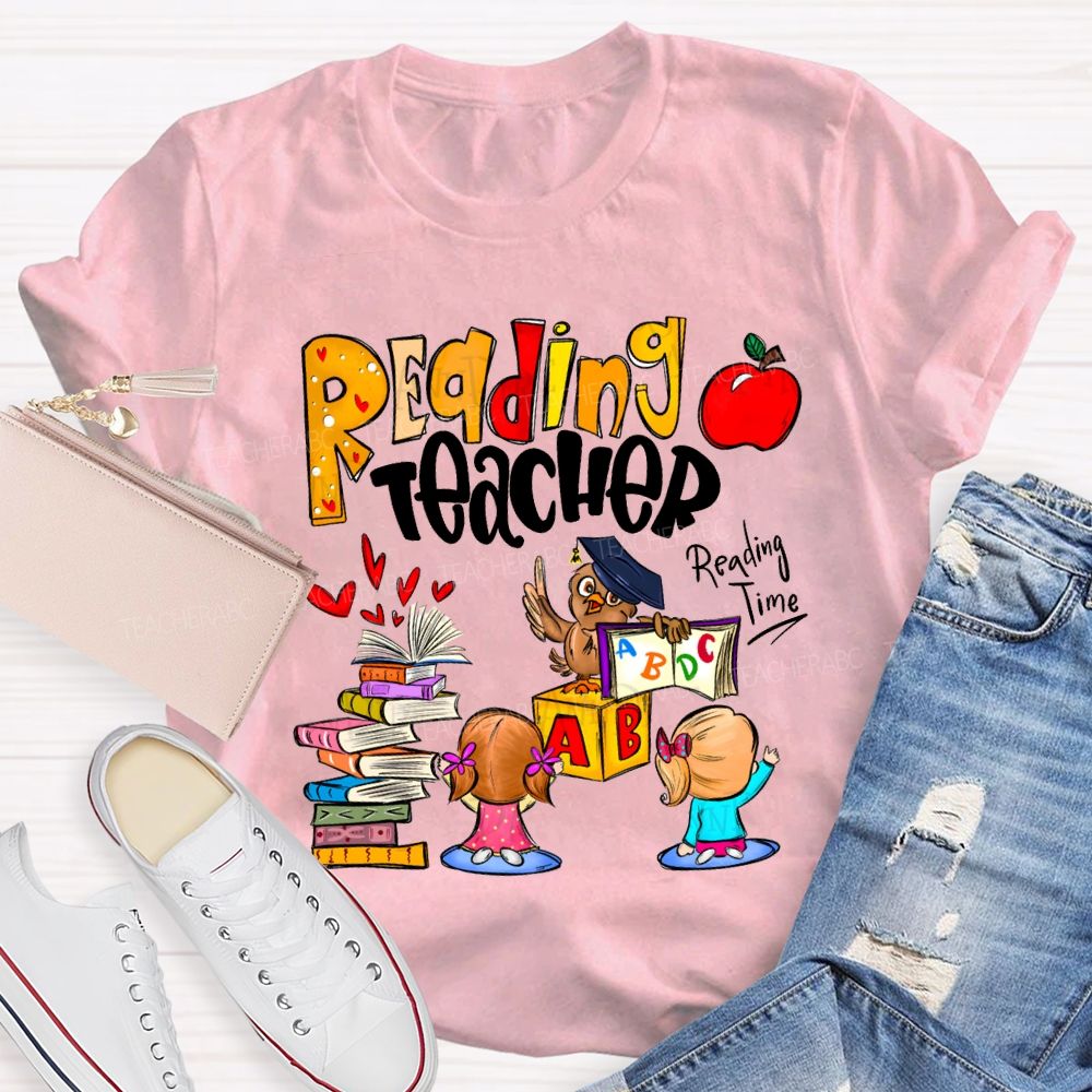 Reading Teacher Reading Time Colorful Book Prints And Apples T-shirt
