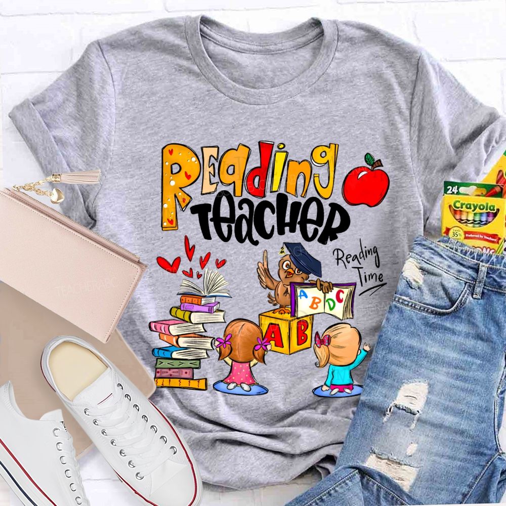 Reading Teacher Reading Time Colorful Book Prints And Apples T-shirt