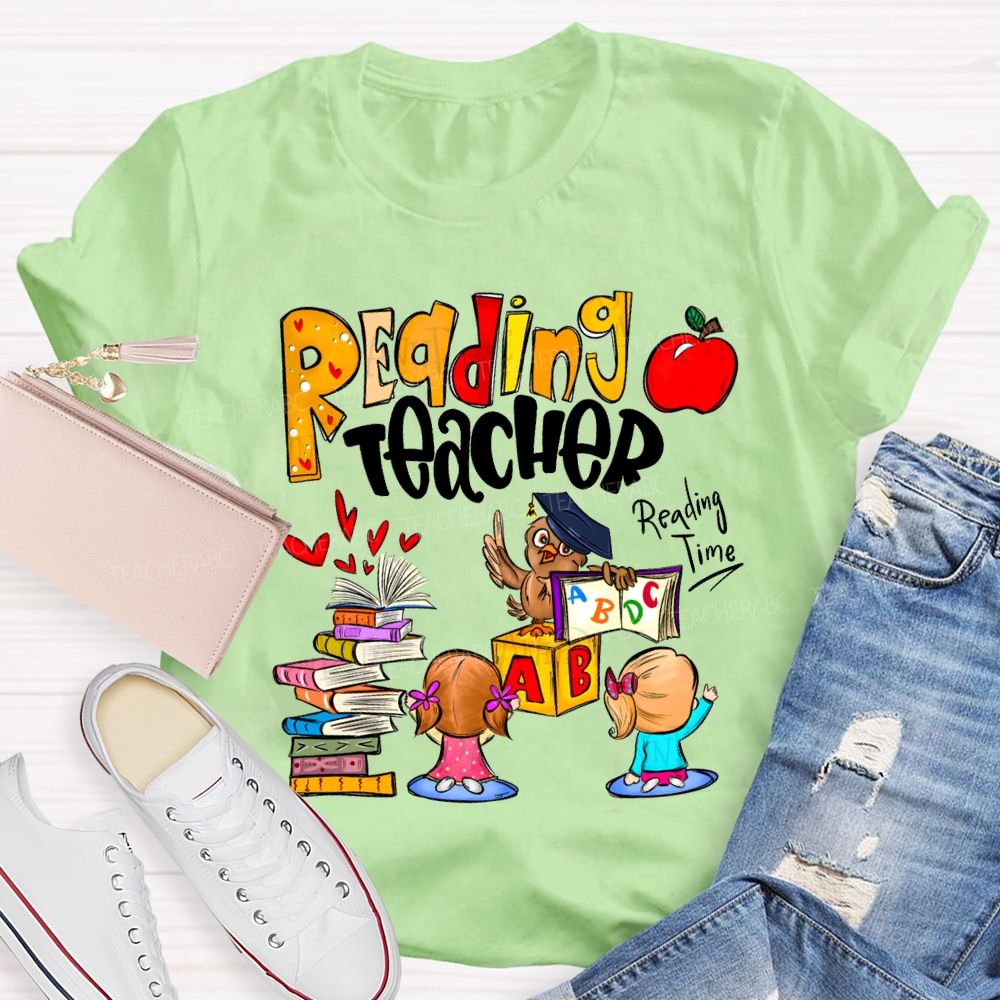 Reading Teacher Reading Time Colorful Book Prints And Apples T-shirt