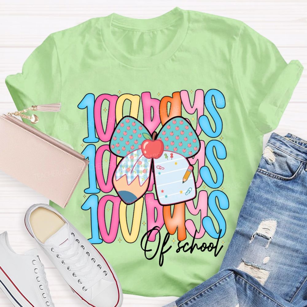 100 Days Of School Colorful Lettering And Apples With Bows T-shirt