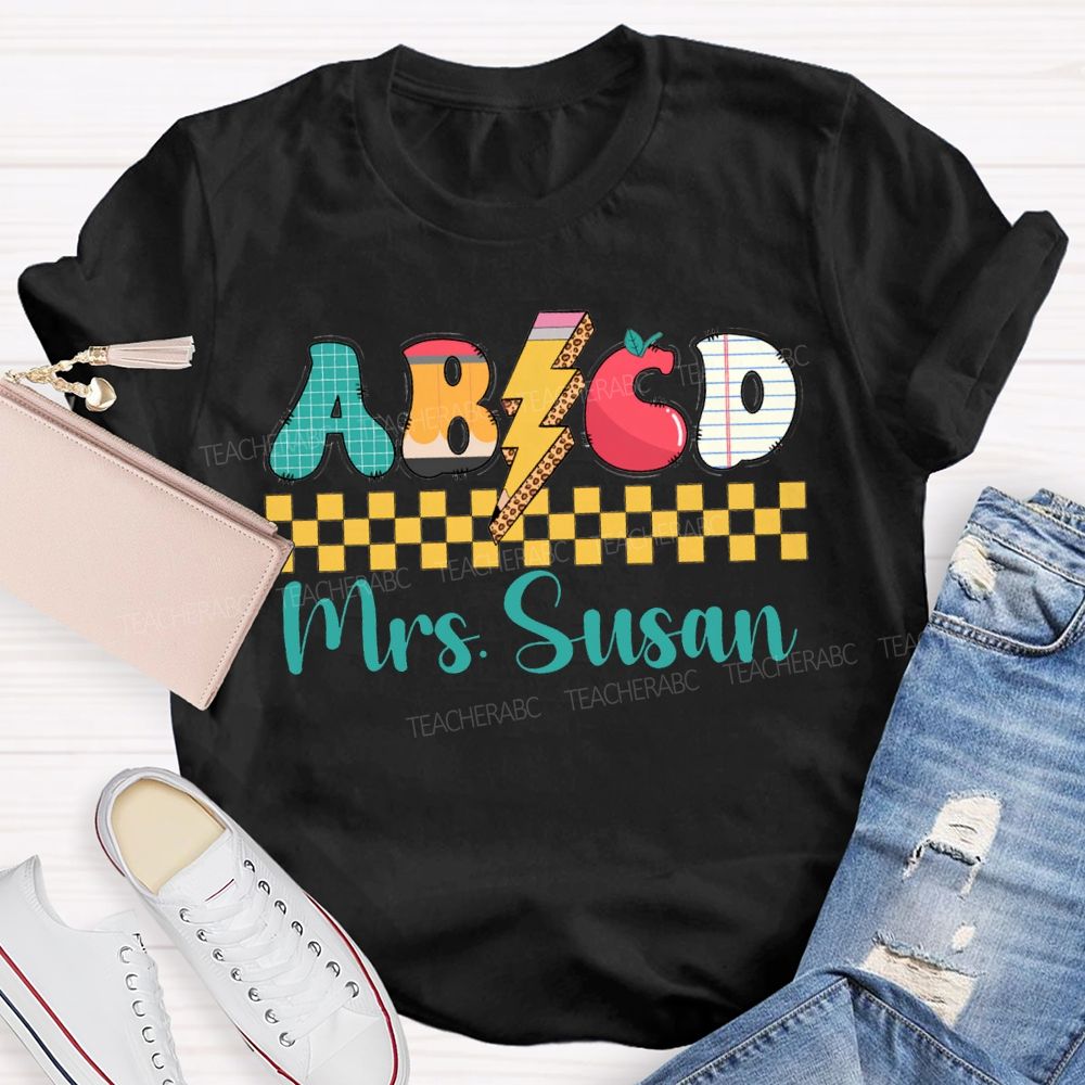 Personalized Name Abcd Colorful Lightning Print Teacher T-shirt