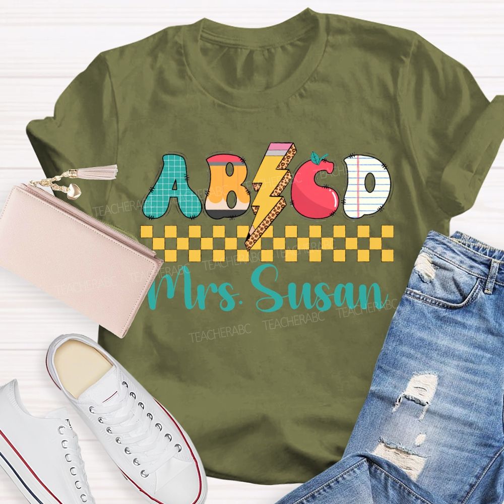 Personalized Name Abcd Colorful Lightning Print Teacher T-shirt
