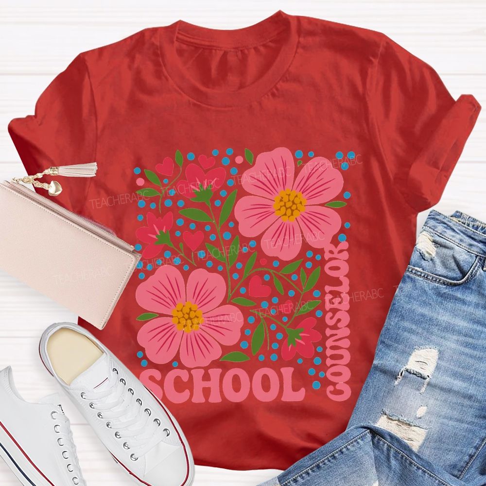 School Counselor Floral And Polka Dot Prints T-shirt