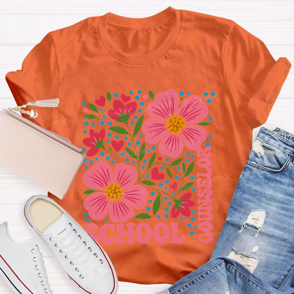 School Counselor Floral And Polka Dot Prints T-shirt