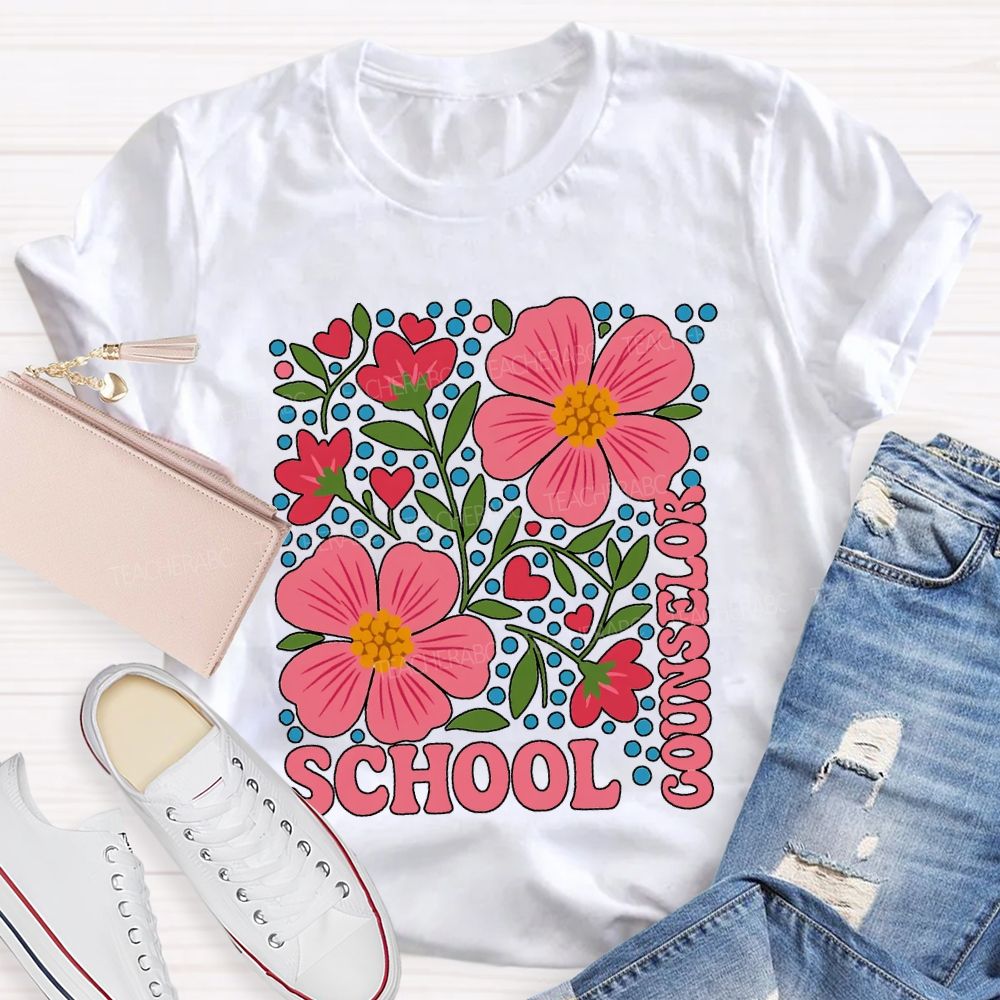 School Counselor Floral And Polka Dot Prints T-shirt