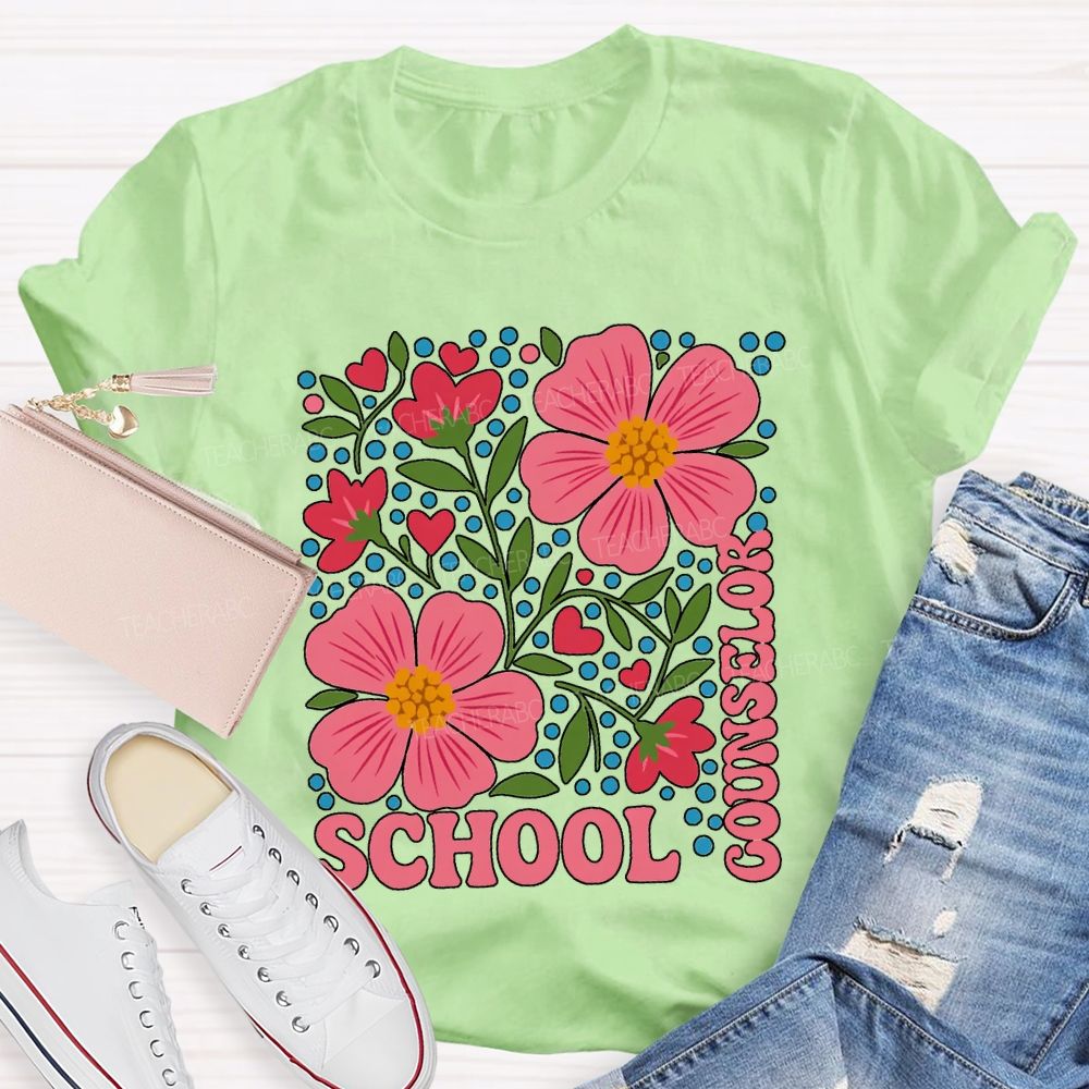 School Counselor Floral And Polka Dot Prints T-shirt