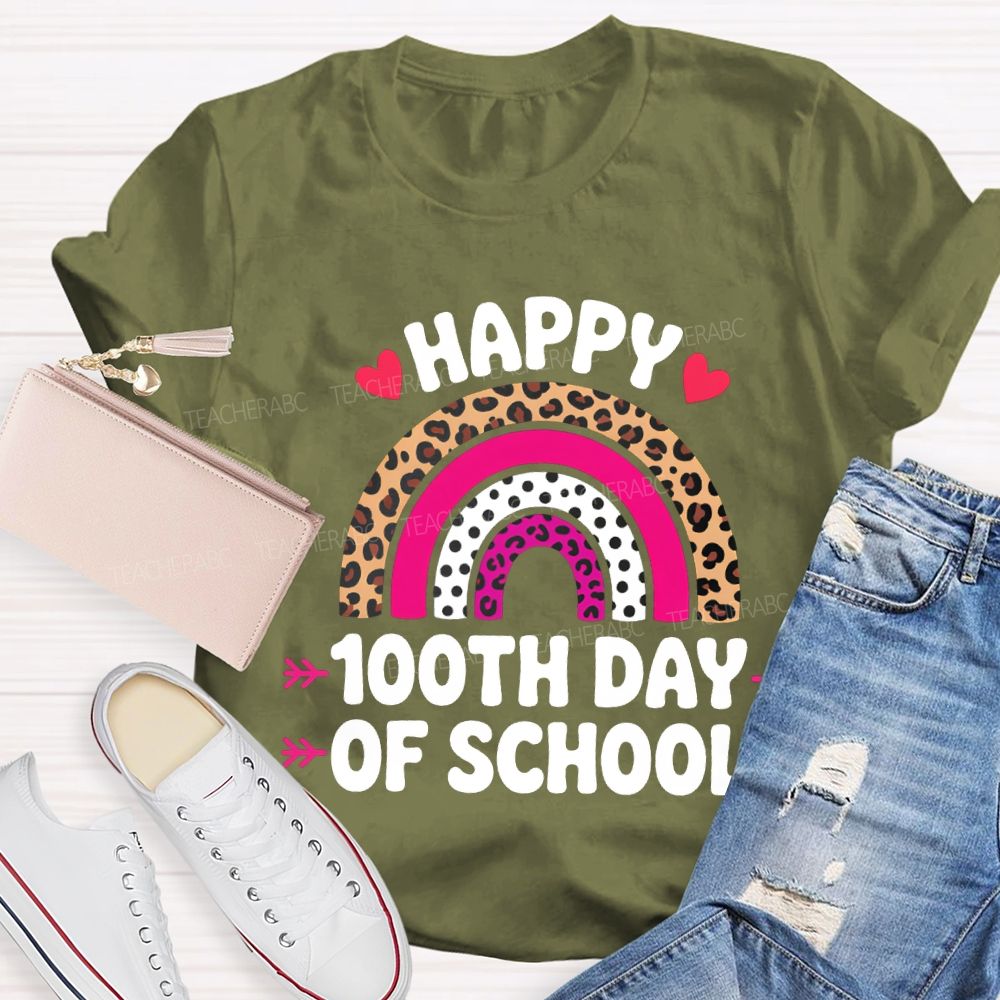 Happy 100th Day Of School Leopard Print And Polka Dot Print T-shirt