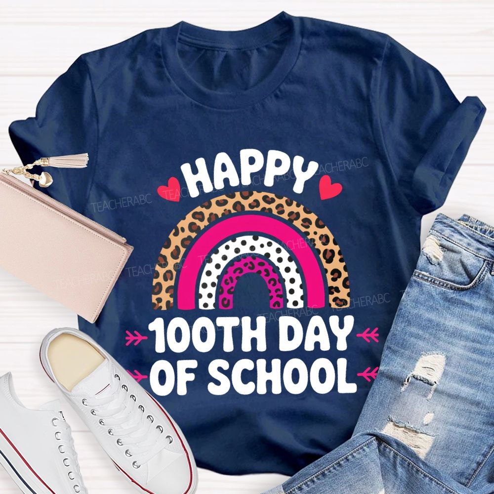 Happy 100th Day Of School Leopard Print And Polka Dot Print T-shirt