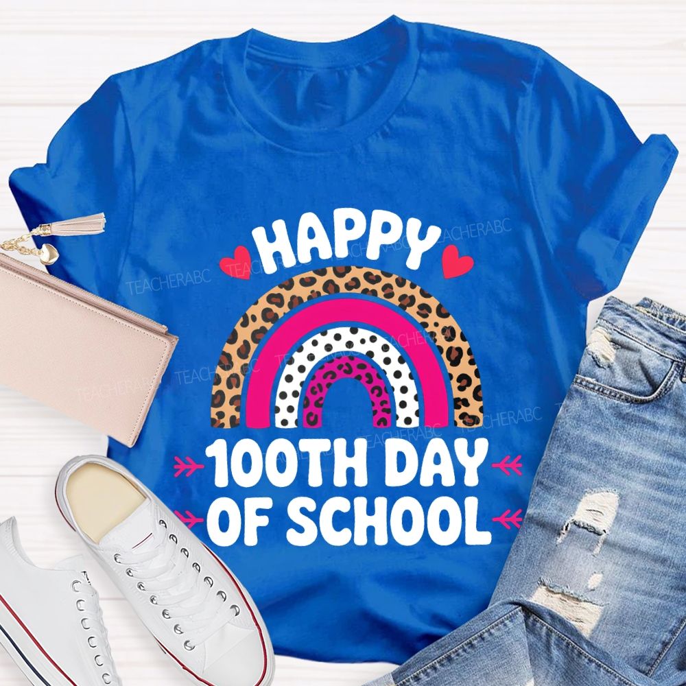 Happy 100th Day Of School Leopard Print And Polka Dot Print T-shirt