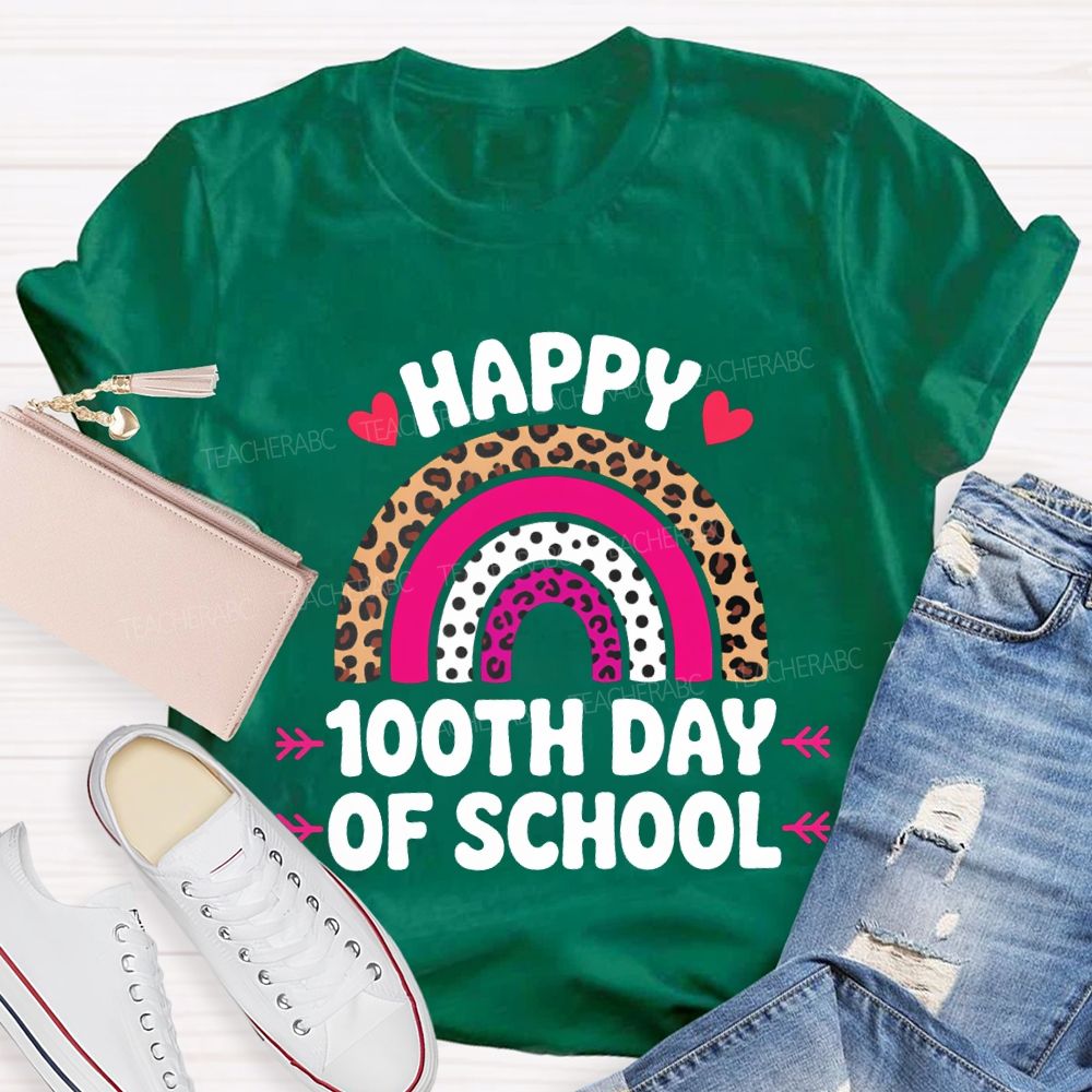 Happy 100th Day Of School Leopard Print And Polka Dot Print T-shirt