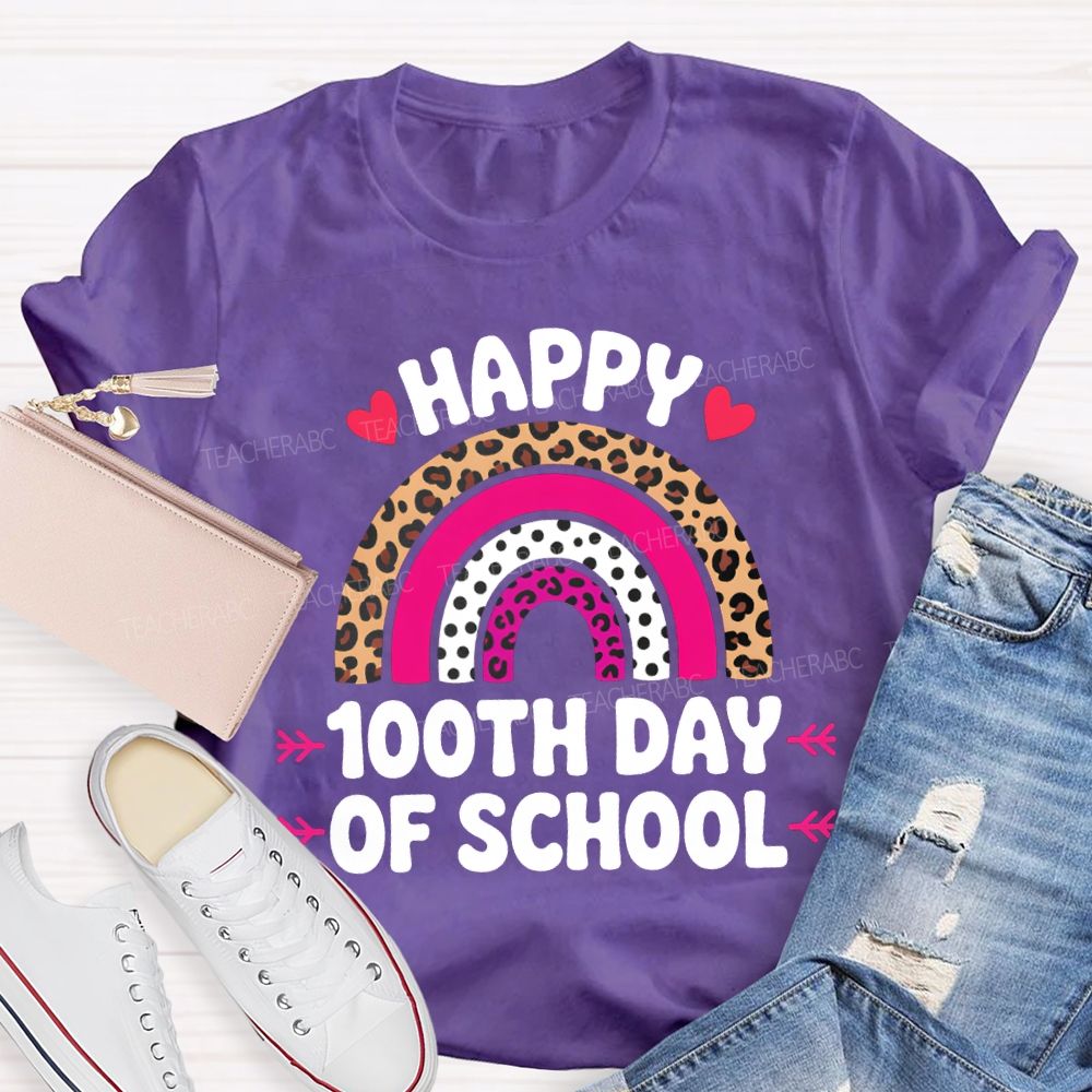 Happy 100th Day Of School Leopard Print And Polka Dot Print T-shirt