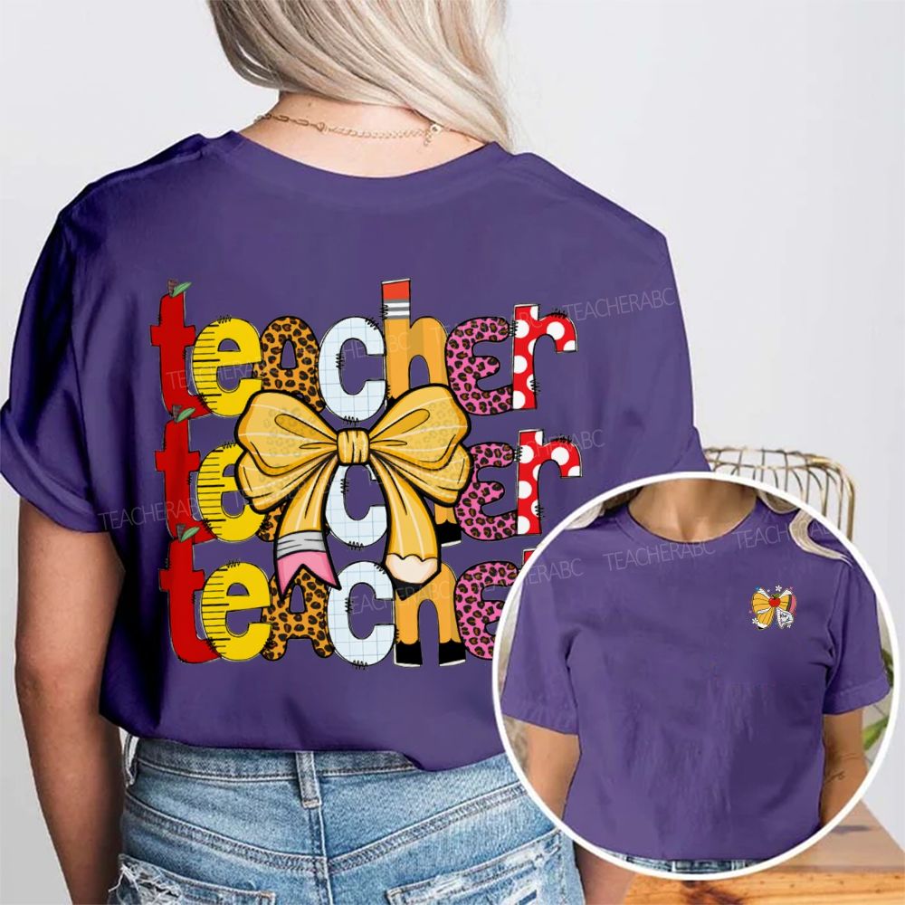 Personalized Name Teacher Bows And Colorful Leopard Print Font Double Printed T-shirt