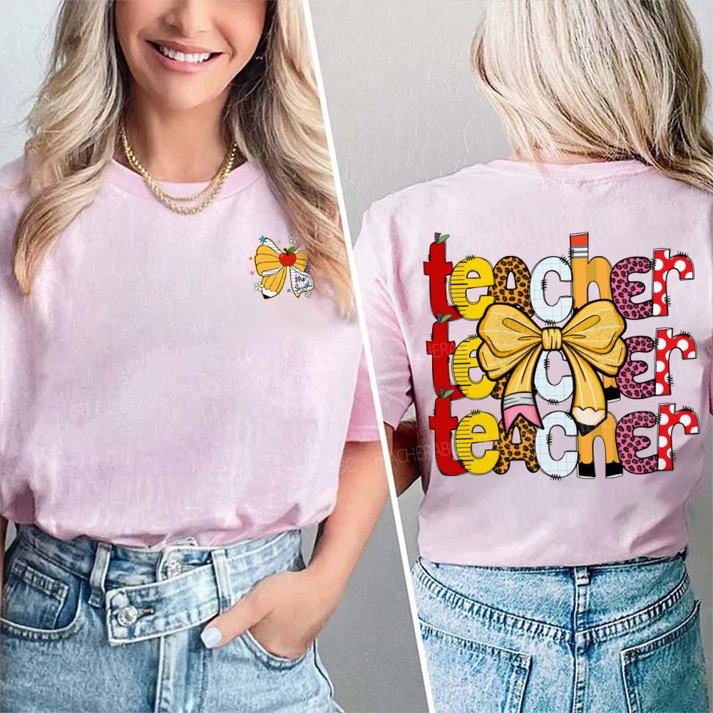 Personalized Name Teacher Bows And Colorful Leopard Print Font Double Printed T-shirt