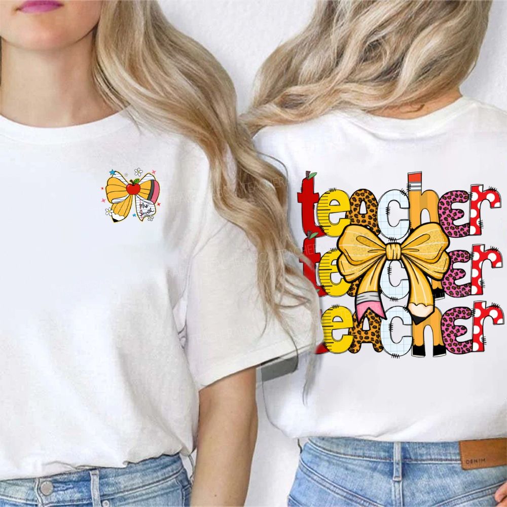 Personalized Name Teacher Bows And Colorful Leopard Print Font Double Printed T-shirt