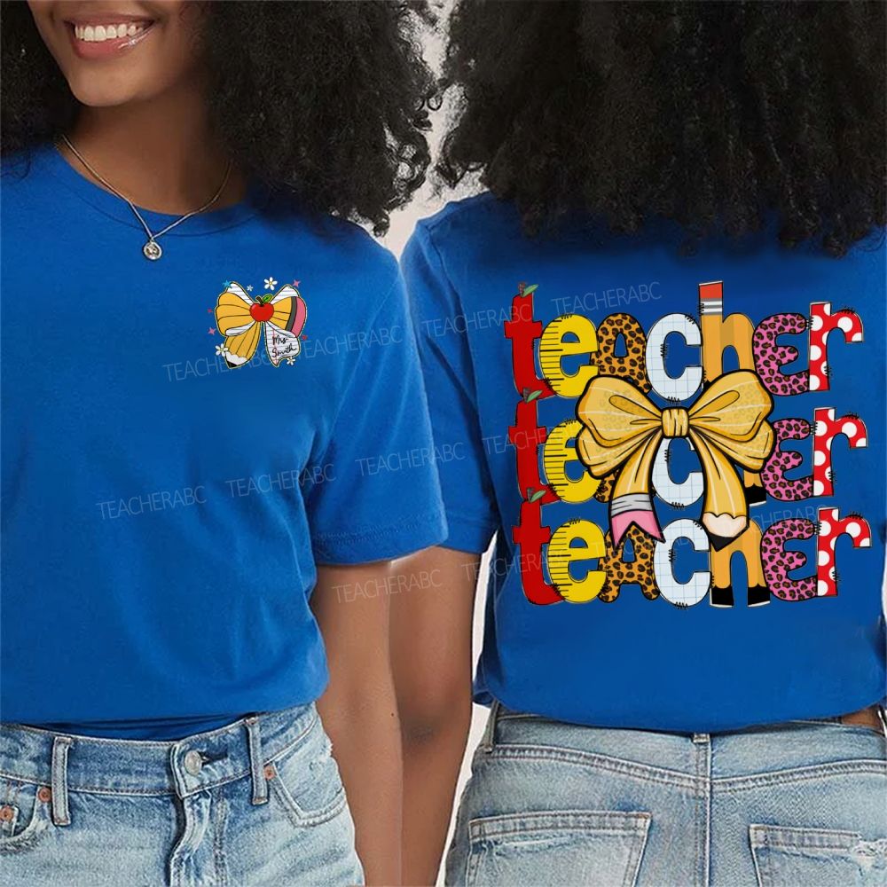 Personalized Name Teacher Bows And Colorful Leopard Print Font Double Printed T-shirt