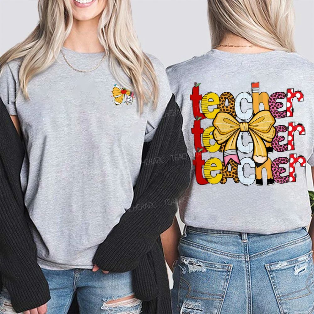 Personalized Name Teacher Bows And Colorful Leopard Print Font Double Printed T-shirt