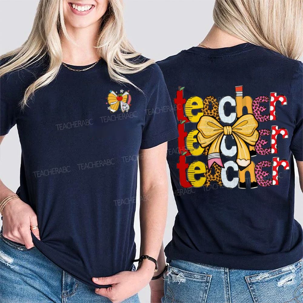 Personalized Name Teacher Bows And Colorful Leopard Print Font Double Printed T-shirt