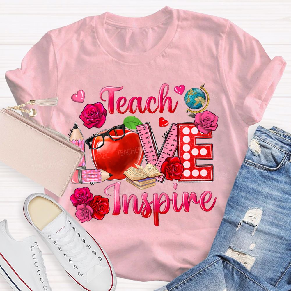 Teach Love Inspire Rose And Apple Print T-shirt