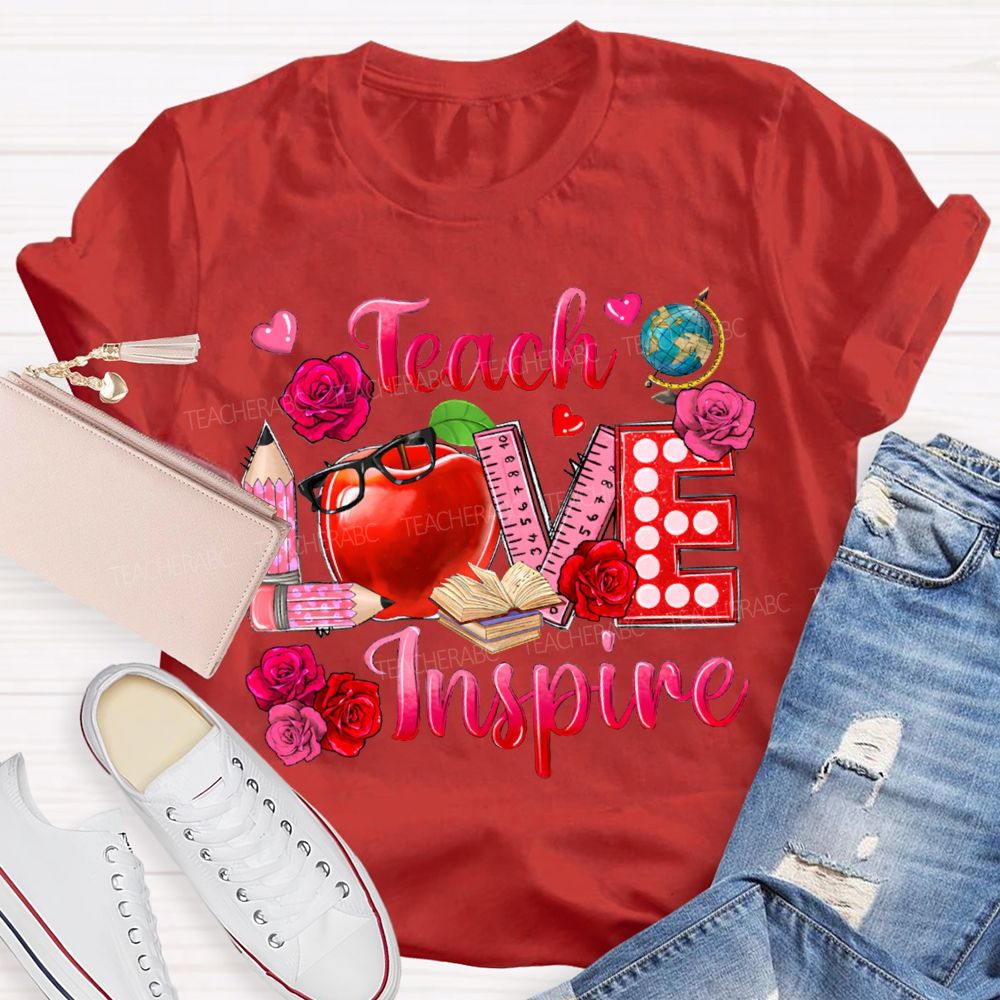 Teach Love Inspire Rose And Apple Print T-shirt