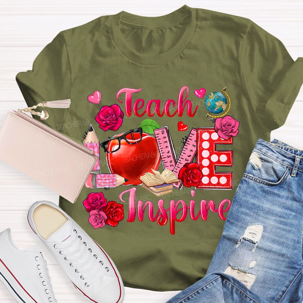 Teach Love Inspire Rose And Apple Print T-shirt