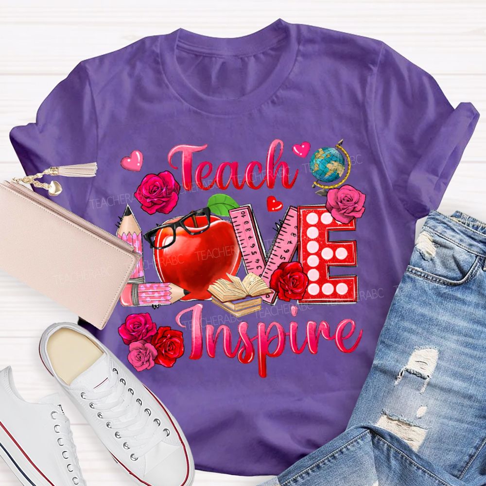 Teach Love Inspire Rose And Apple Print T-shirt