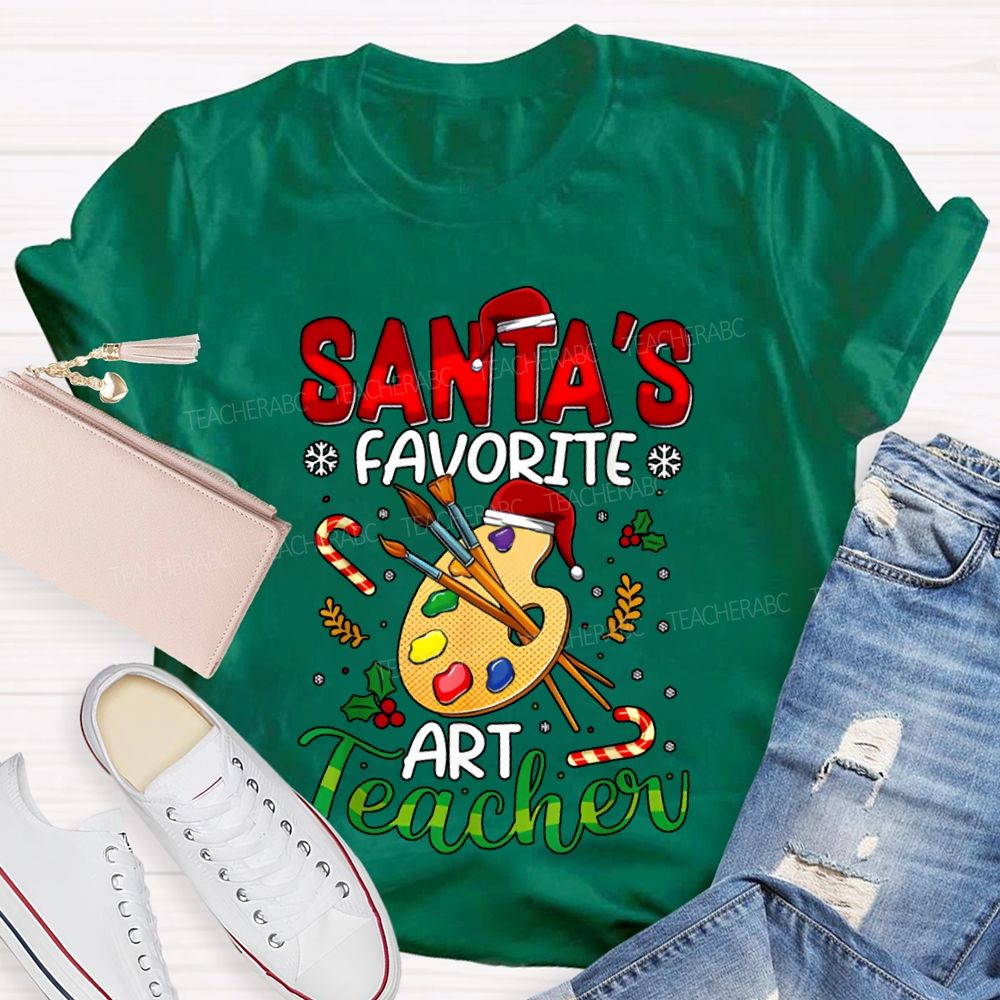 Santa'S Favorite Art Teacher Colored Dye Palette Merry Christmas T-shirt