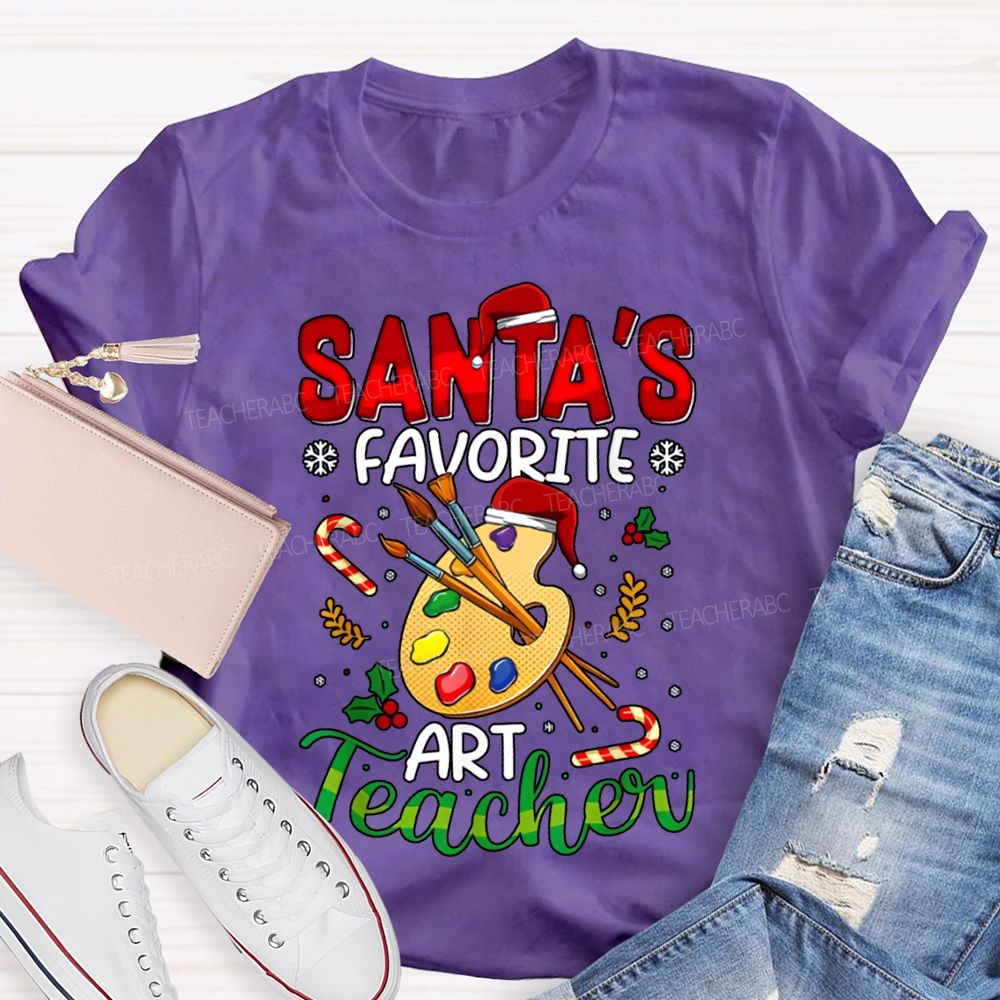 Santa'S Favorite Art Teacher Colored Dye Palette Merry Christmas T-shirt