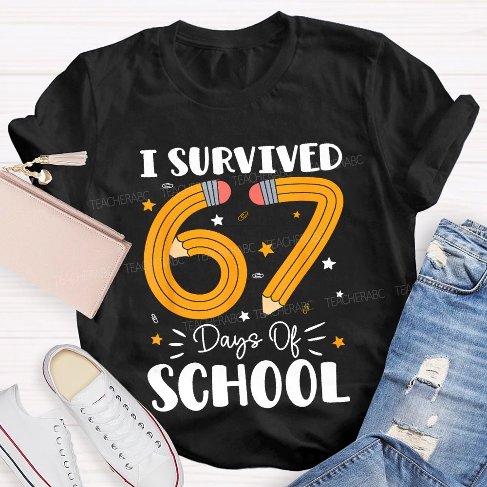 I Survived 67 Days Of School Pencil Pattern Print T-shirt