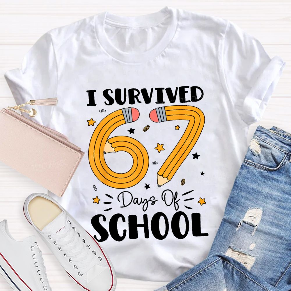 I Survived 67 Days Of School Pencil Pattern Print T-shirt