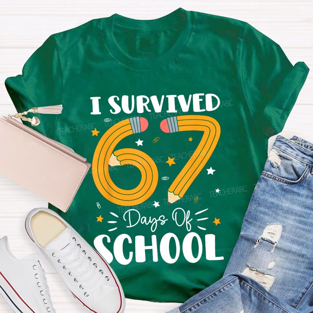 I Survived 67 Days Of School Pencil Pattern Print T-shirt