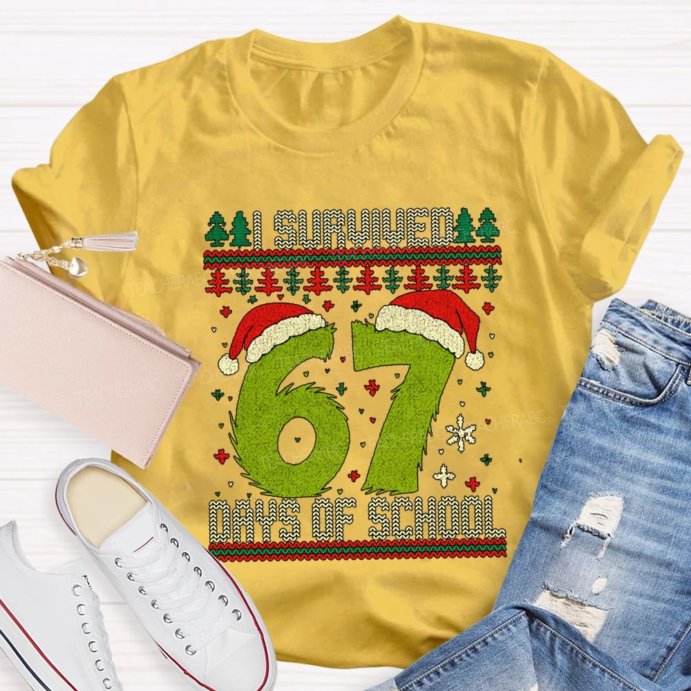I Survived 67 Days Of School Santa Hats And Christmas Trees T-shirt