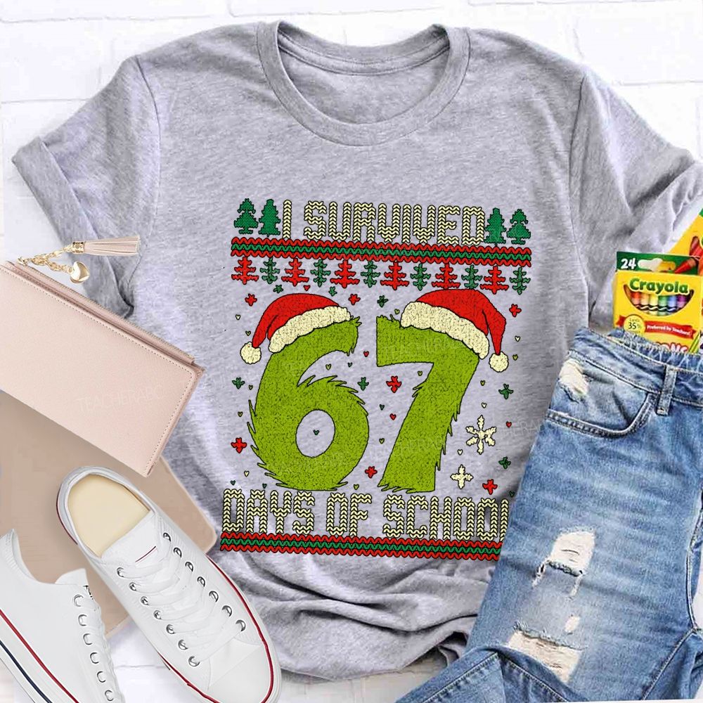 I Survived 67 Days Of School Santa Hats And Christmas Trees T-shirt