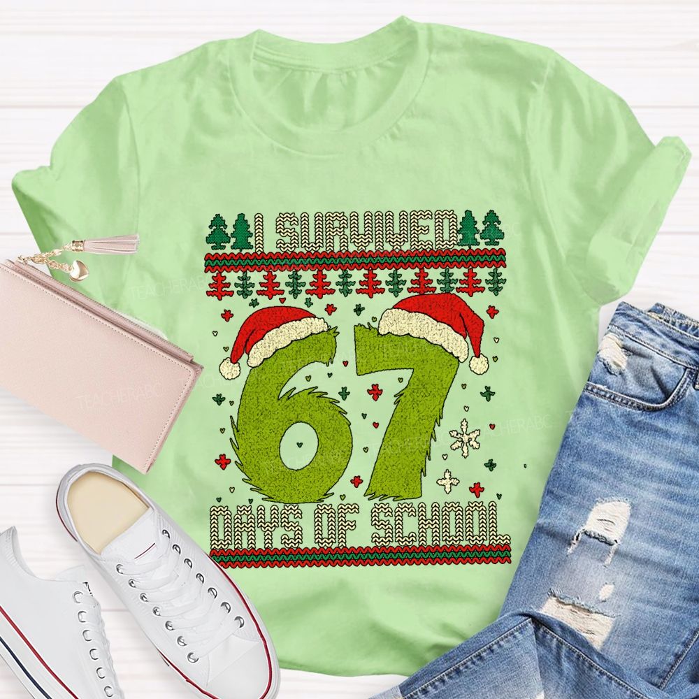 I Survived 67 Days Of School Santa Hats And Christmas Trees T-shirt