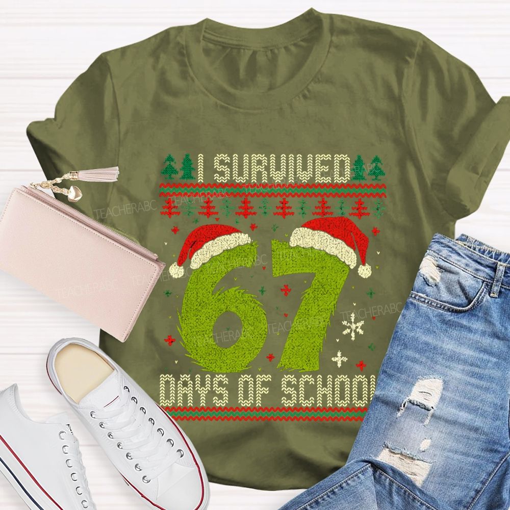 I Survived 67 Days Of School Santa Hats And Christmas Trees T-shirt