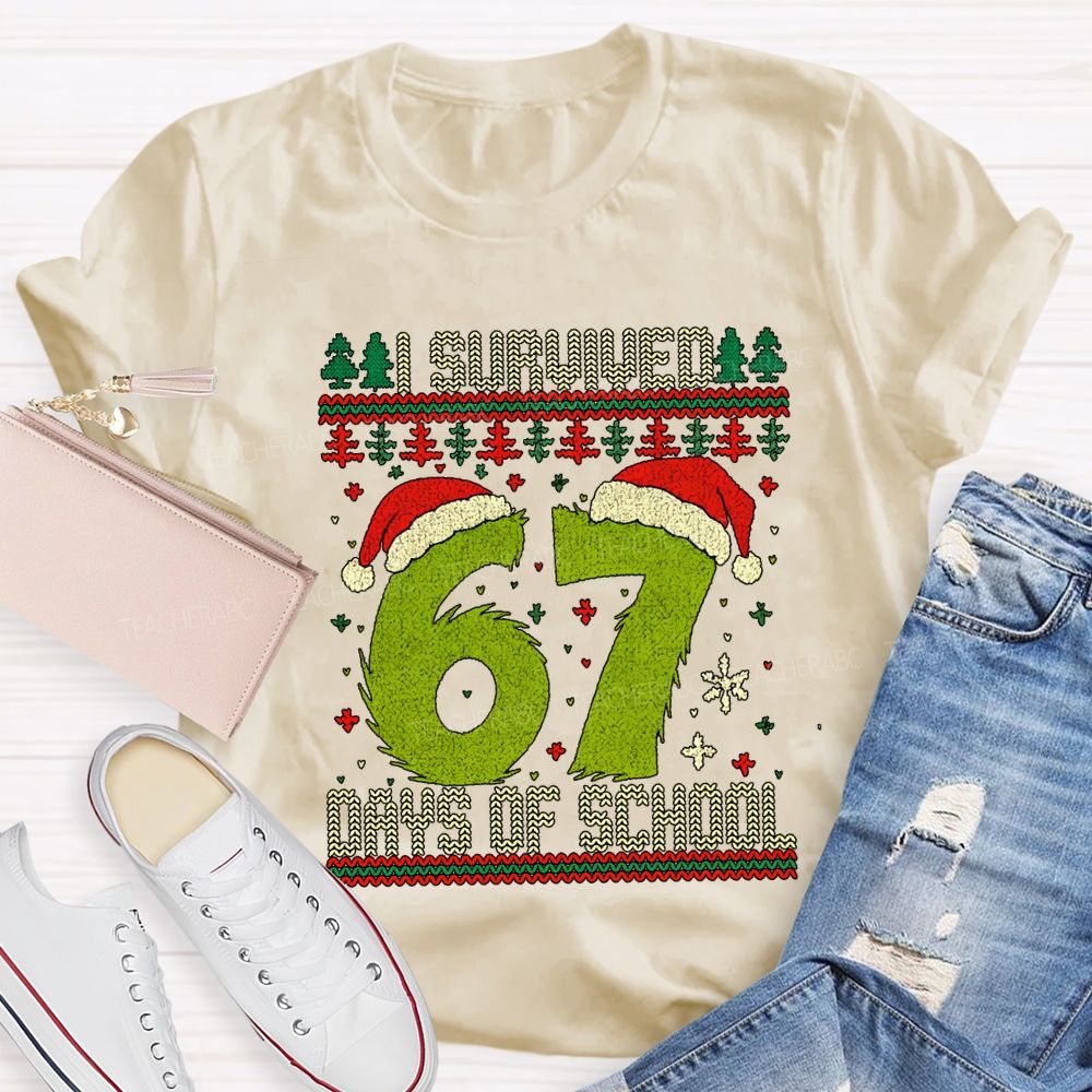 I Survived 67 Days Of School Santa Hats And Christmas Trees T-shirt