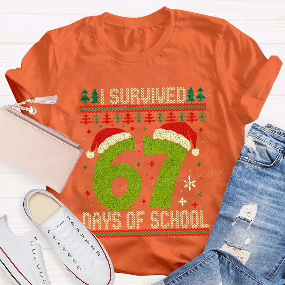 I Survived 67 Days Of School Santa Hats And Christmas Trees T-shirt