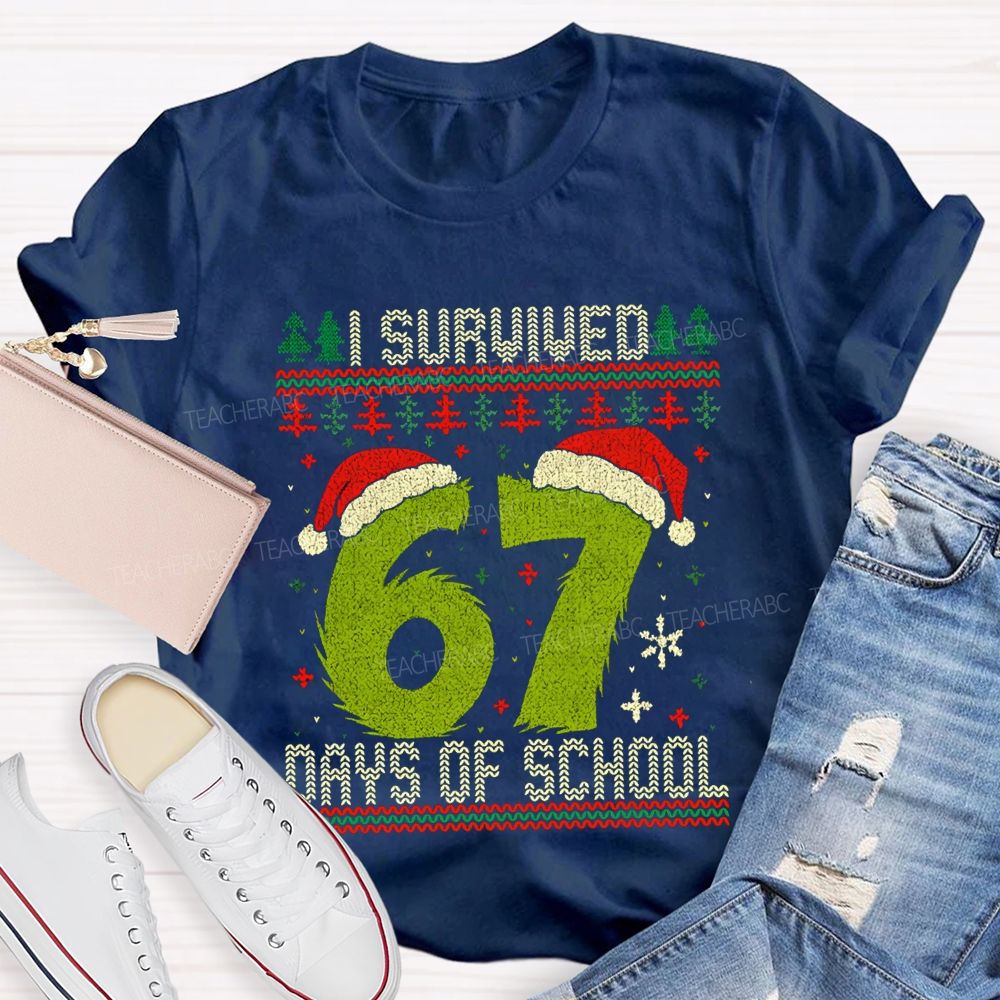 I Survived 67 Days Of School Santa Hats And Christmas Trees T-shirt