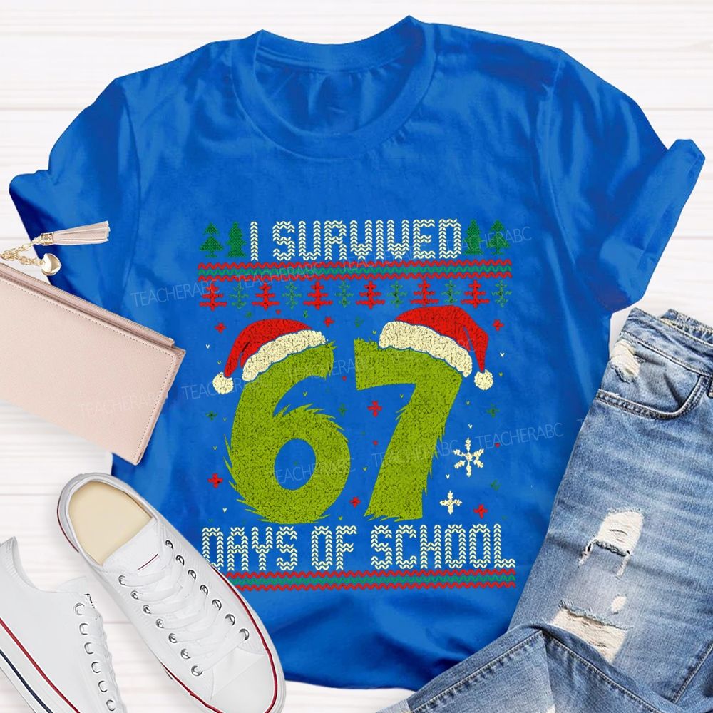 I Survived 67 Days Of School Santa Hats And Christmas Trees T-shirt