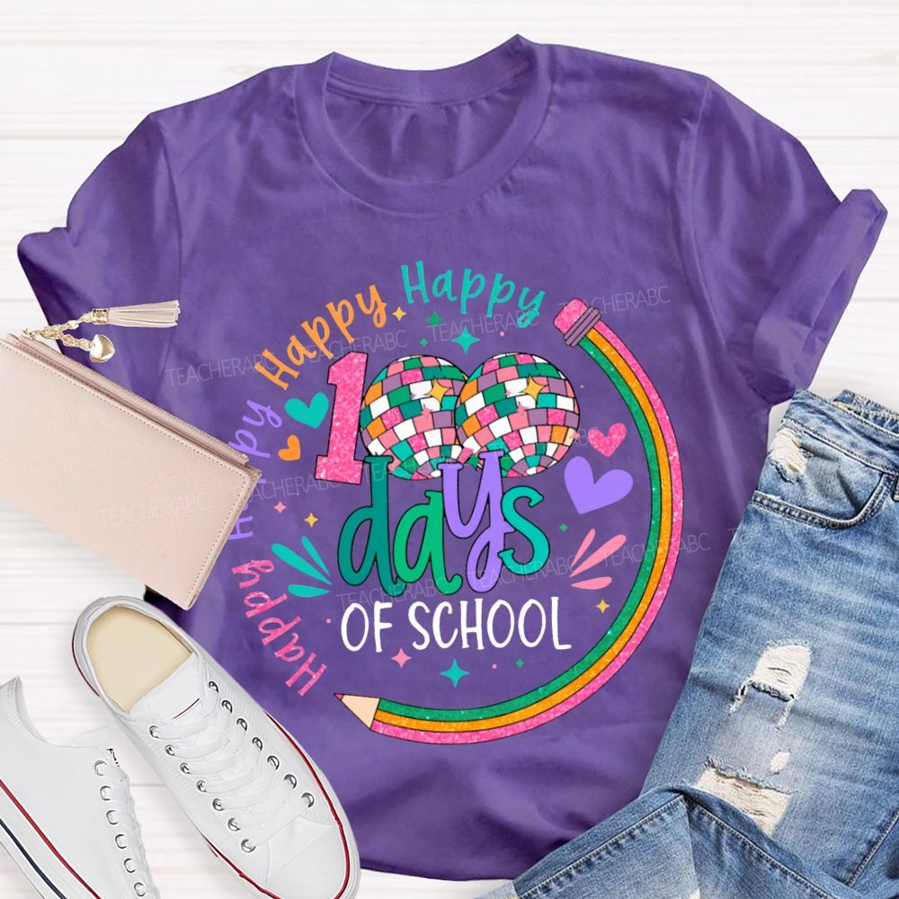 100 Days Of School Happy Colorful Hearts And Fonts T-shirt