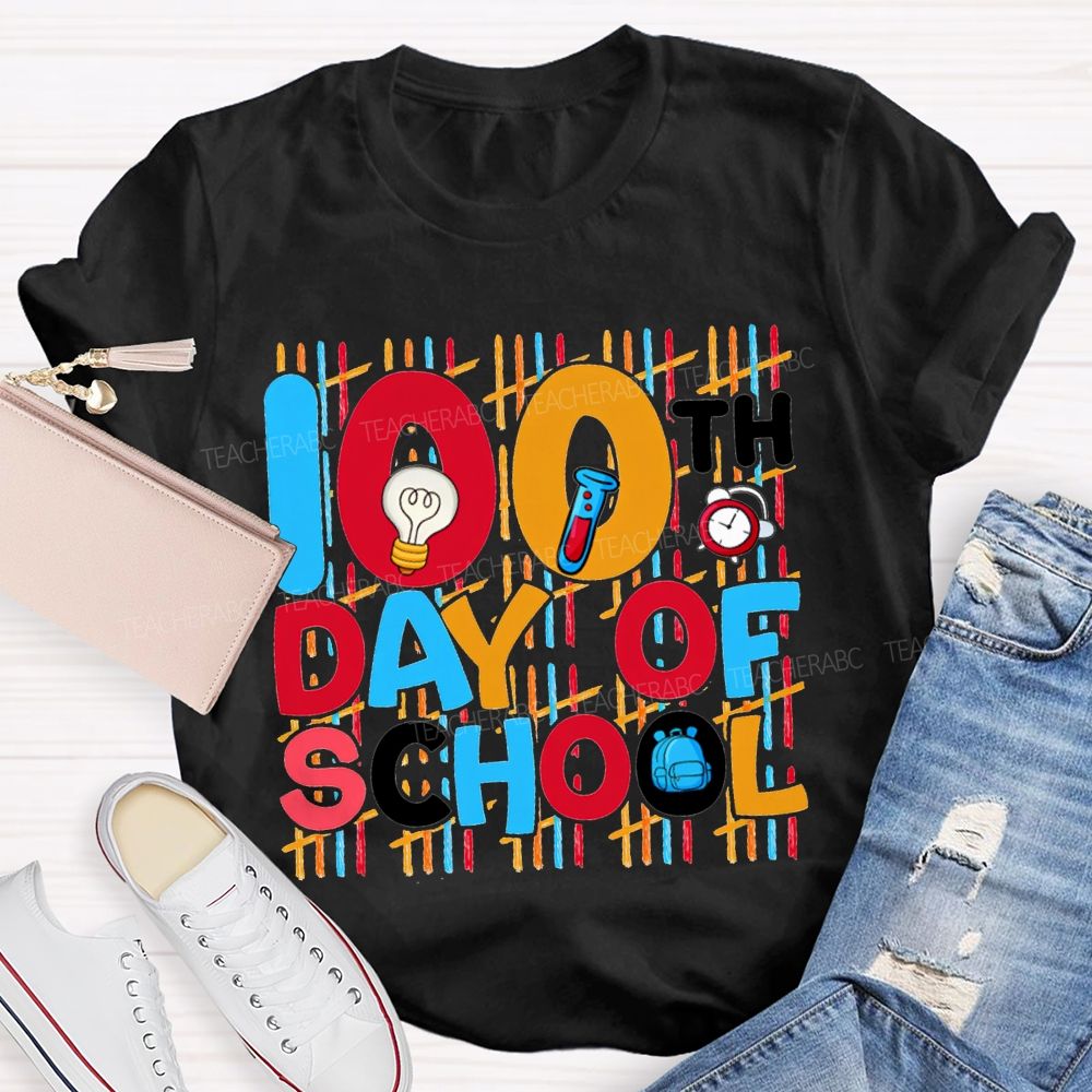 100th Day Of School Science Teacher Colored Lettering Print T-shirt