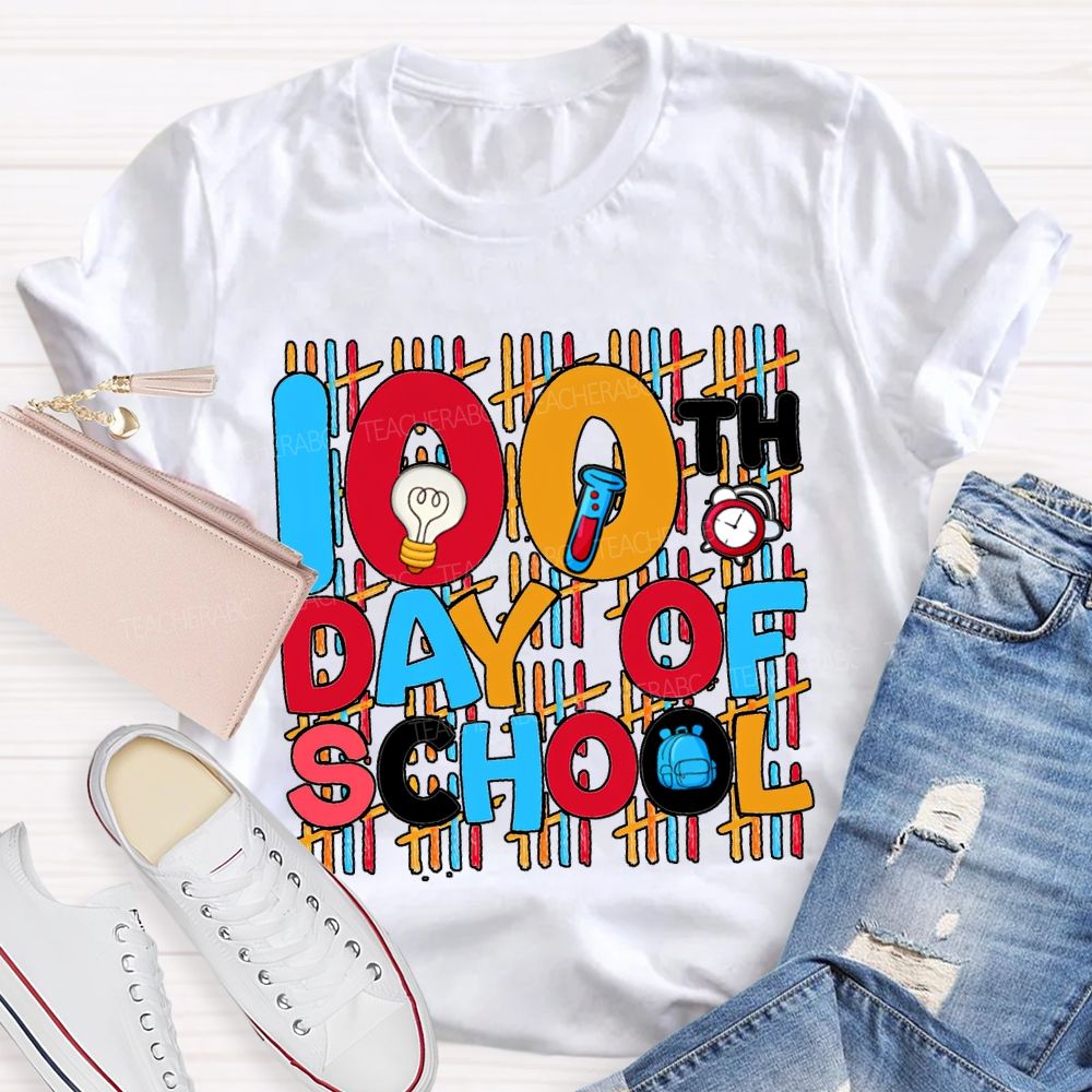 100th Day Of School Science Teacher Colored Lettering Print T-shirt