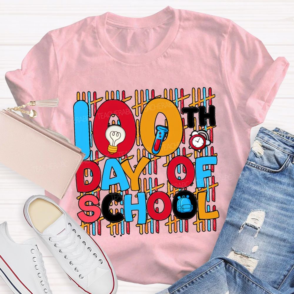 100th Day Of School Science Teacher Colored Lettering Print T-shirt