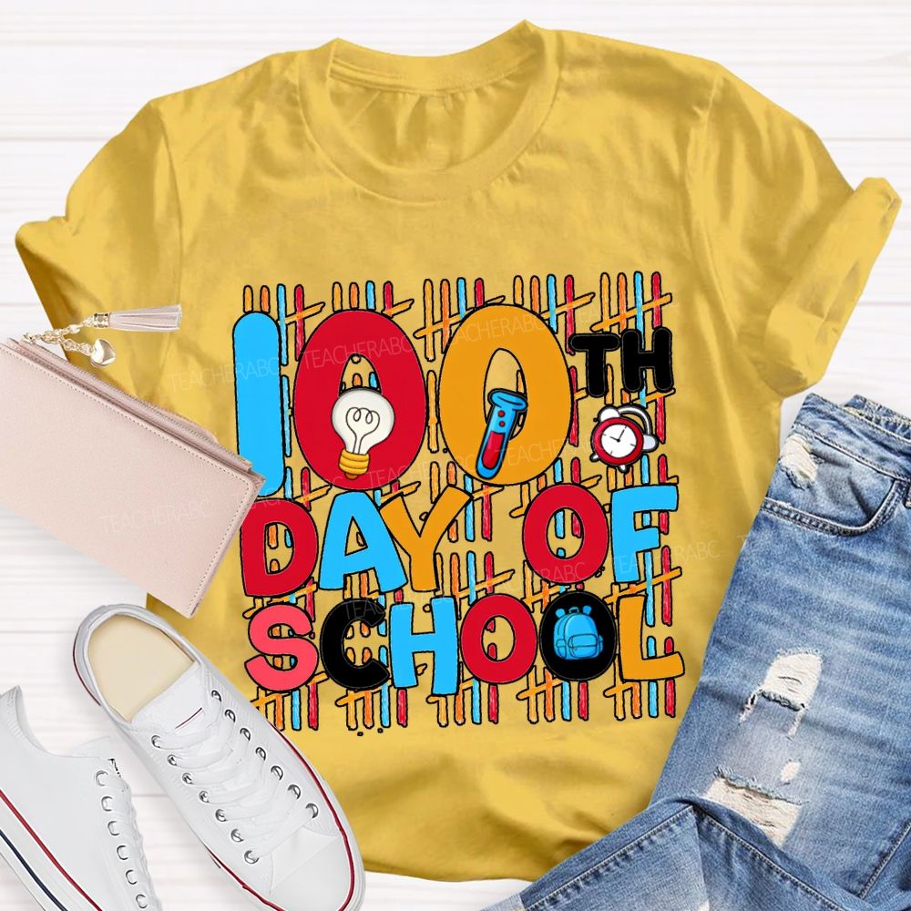 100th Day Of School Science Teacher Colored Lettering Print T-shirt