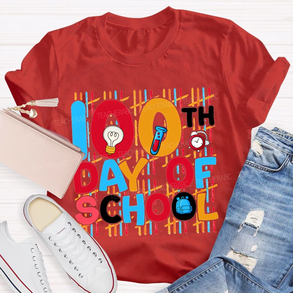 100th Day Of School Science Teacher Colored Lettering Print T-shirt