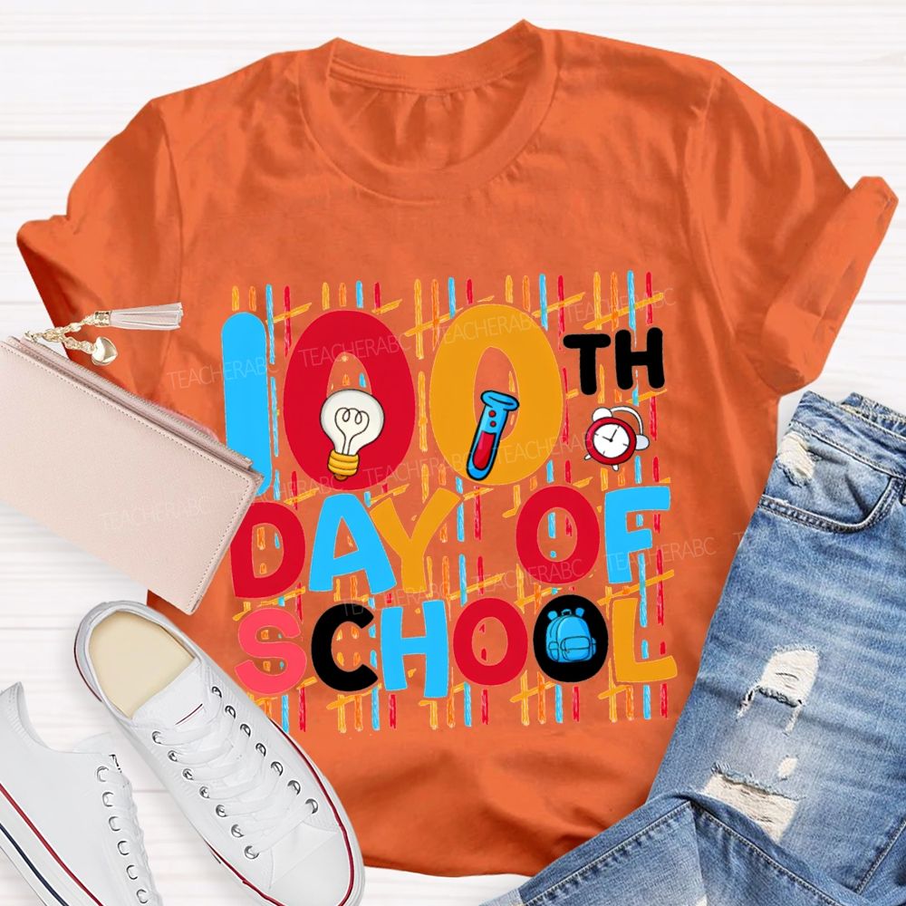 100th Day Of School Science Teacher Colored Lettering Print T-shirt