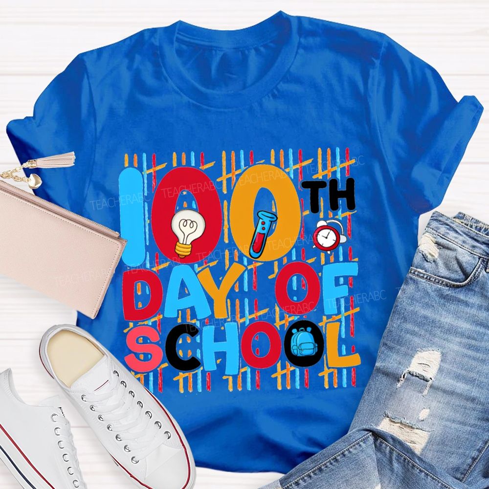 100th Day Of School Science Teacher Colored Lettering Print T-shirt