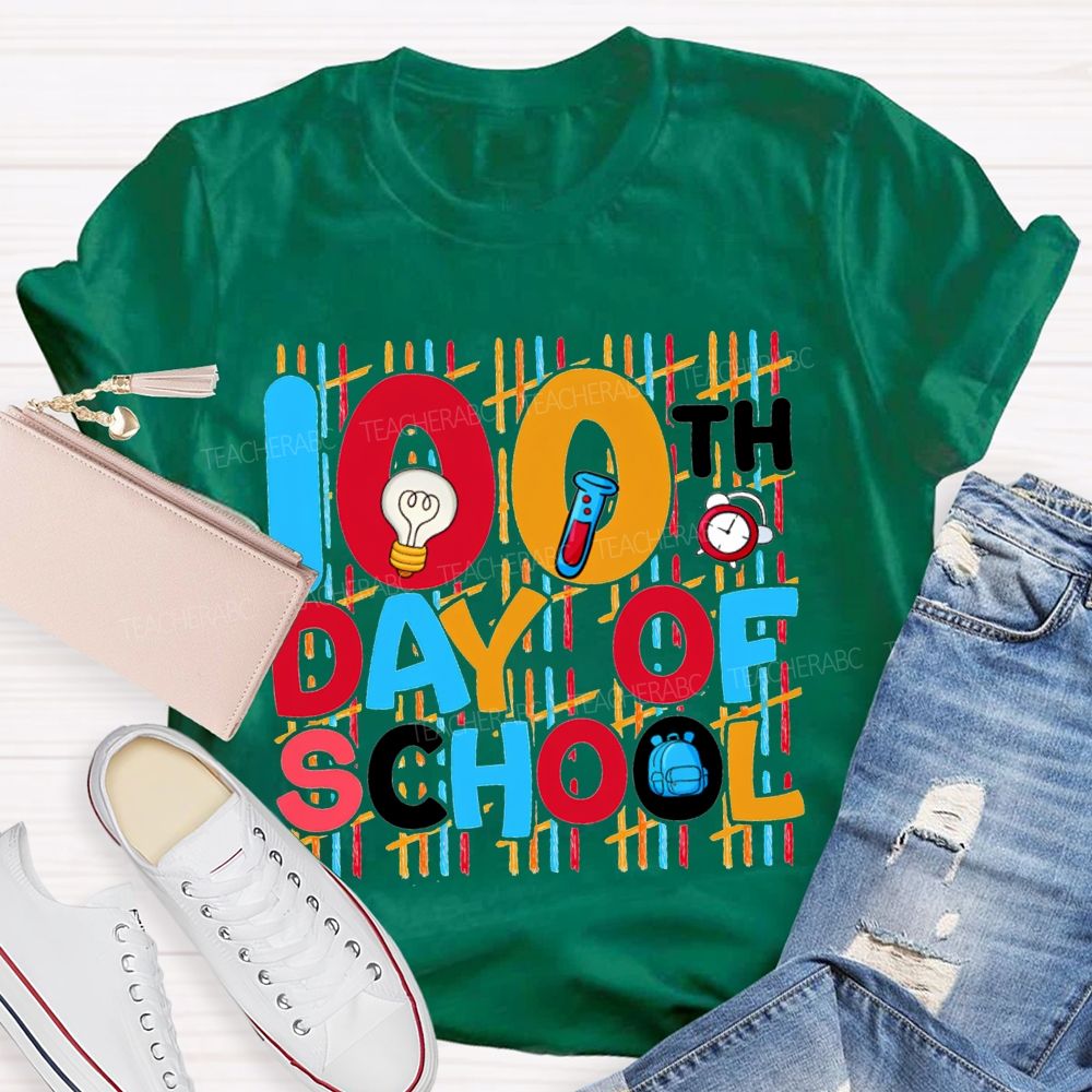 100th Day Of School Science Teacher Colored Lettering Print T-shirt